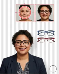 Guía visual para elegir gafas para cara redonda: una mujer con facciones circulares muestra una montura cuadrada recomendada, junto a iconos de monturas azules y granates angulares.