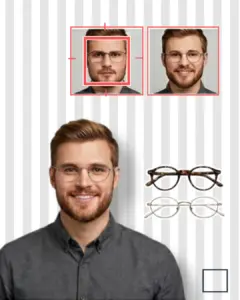 Comparación visual para encontrar gafas para cara cuadrada: un hombre con mandíbula ancha y angular muestra una montura redonda ideal, junto a iconos de monturas de sol y graduadas redondeadas.