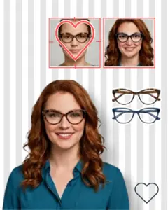 Cómo elegir gafas para cara corazón: una mujer con frente ancha y barbilla fina luce una montura cat-eye recomendada, junto a iconos de monturas ovaladas de carey y azul.